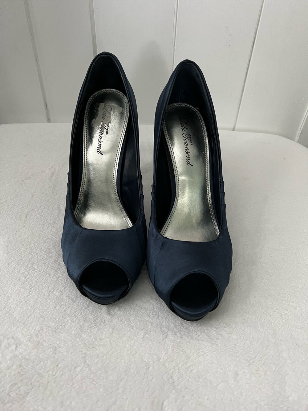 Lulu Townsend Navy Satin Peep-Toe Pumps